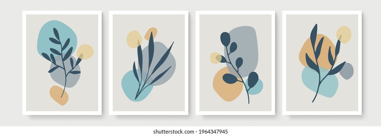 Abstract modern botanical boho poster collection. Organic bohemian wall art poster for minimal luxury interior with watercolor abstract shapes. Neutral paster color, foliage drawing. Acrylic vector