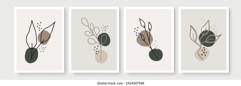 Abstract modern botanical boho poster collection. Organic bohemian wall art poster for minimal luxury interior with watercolor abstract shapes. Neutral paster color, foliage drawing. Acrylic vector