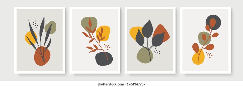 Abstract modern botanical boho poster collection. Organic bohemian wall art poster for minimal luxury interior with watercolor abstract shapes. Neutral paster color, foliage drawing. Acrylic vector