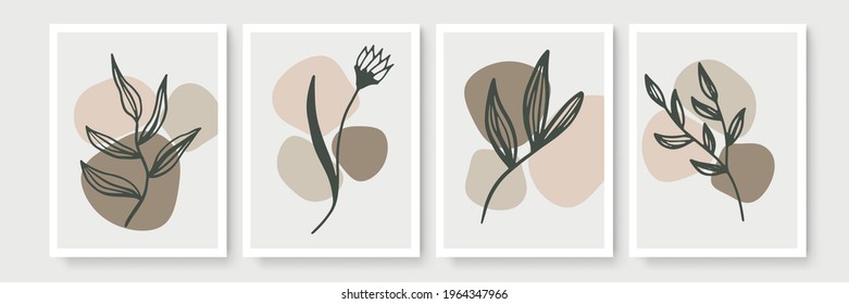 Abstract modern botanical boho poster collection. Organic bohemian wall art poster for minimal luxury interior with watercolor abstract shapes. Neutral paster color, foliage drawing. Acrylic vector