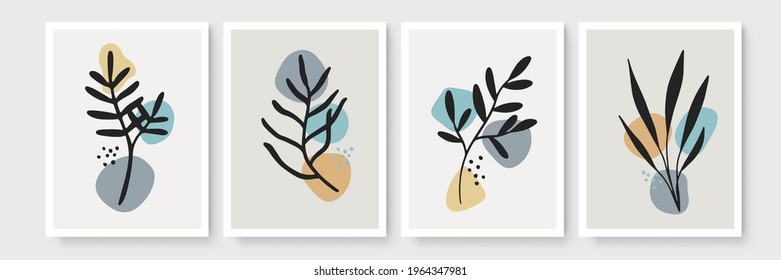 Abstract modern botanical boho poster collection. Organic bohemian wall art poster for minimal luxury interior with watercolor abstract shapes. Neutral paster color, foliage drawing. Acrylic vector