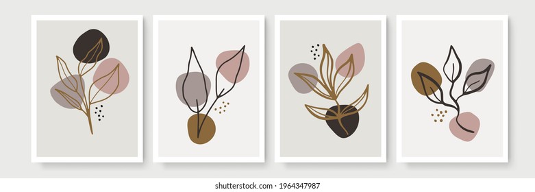 Abstract modern botanical boho poster collection. Organic bohemian wall art poster for minimal luxury interior with watercolor abstract shapes. Neutral paster color, foliage drawing. Acrylic vector