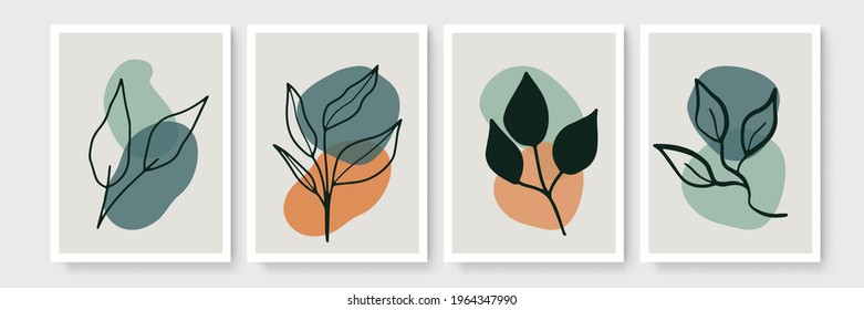 Abstract modern botanical boho poster collection. Organic bohemian wall art poster for minimal luxury interior with watercolor abstract shapes. Neutral paster color, foliage drawing. Acrylic vector