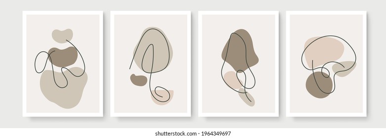 Abstract modern botanical boho poster collection. Organic bohemian wall art poster for minimal luxury interior with watercolor abstract shapes. Neutral paster color, foliage drawing. Acrylic vector
