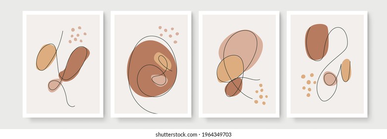 Abstract modern botanical boho poster collection. Organic bohemian wall art poster for minimal luxury interior with watercolor abstract shapes. Neutral paster color, foliage drawing. Acrylic vector