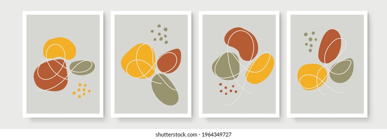 Abstract modern botanical boho poster collection. Organic bohemian wall art poster for minimal luxury interior with watercolor abstract shapes. Neutral paster color, foliage drawing. Acrylic vector