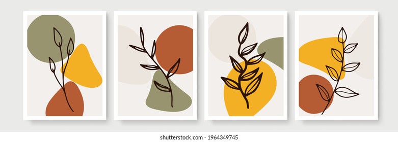Abstract modern botanical boho poster collection. Organic bohemian wall art poster for minimal luxury interior with watercolor abstract shapes. Neutral paster color, foliage drawing. Acrylic vector