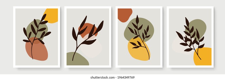 Abstract modern botanical boho poster collection. Organic bohemian wall art poster for minimal luxury interior with watercolor abstract shapes. Neutral paster color, foliage drawing. Acrylic vector
