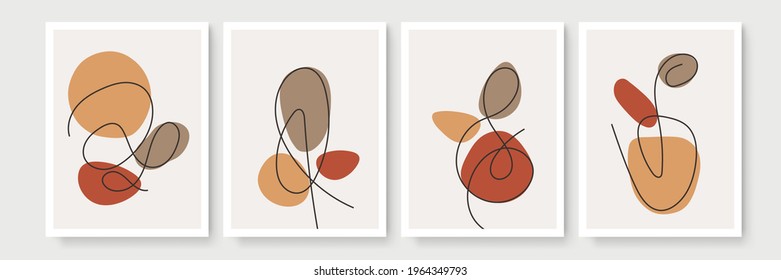 Abstract modern botanical boho poster collection. Organic bohemian wall art poster for minimal luxury interior with watercolor abstract shapes. Neutral paster color, foliage drawing. Acrylic vector