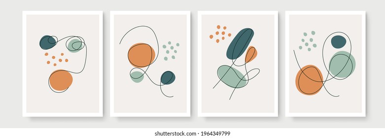 Abstract modern botanical boho poster collection. Organic bohemian wall art poster for minimal luxury interior with watercolor abstract shapes. Neutral paster color, foliage drawing. Acrylic vector