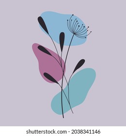 Abstract modern botanical boho poster with dandelion. Organic bohemian wall art poster for minimal luxury interior with watercolor abstract shapes. Neutral paster color, foliage drawing. Vector design