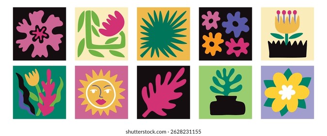 Abstract modern botanical flower composition poster set. matisse style nature square boho plants elements . Vector illustration