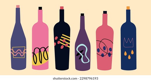 Abstract modern bottles Wine tasting concept. Vectors for invitation for an event, festival. Isolated vector illustrations set