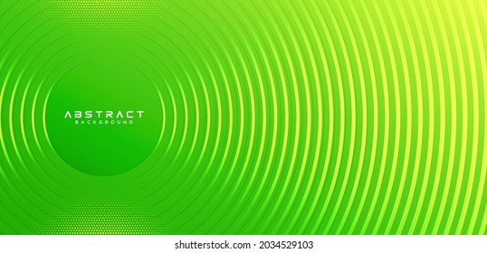 Abstract modern bright green gradient background with glowing neon circle lines element and halftone dots decoration. Trendy simple texture creative design. Suit for presentation, website, brochure