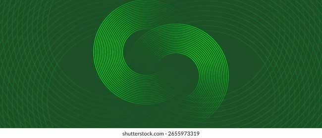 Abstract modern bright green gradient background with glowing neon circle lines element and halftone dots decoration. Trendy simple texture creative design. Suit for presentation, website
