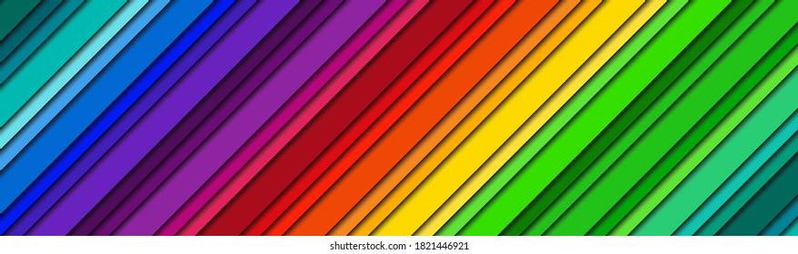 Abstract modern bright header with colored oblique lines. Color spectrum banner. Colorful striped pattern background. Modern vector illustration