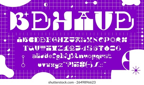Abstrato fonte moderna brutal, letras de fonte geométrica. Alfabeto Y2K groovy vetorial. Negrito decorativo abc letras maiúsculas e minúsculas, números e símbolos de pontuação no fundo de grade violeta