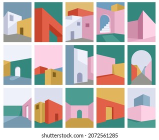 Abstract modern building, minimal architecture geometric shapes covers. Minimal architectural building posters vector illustration set. Modern building cards. Minimal abstract posters