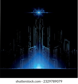 abstract modern building on a dark background, neon lights, vector illustration