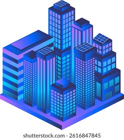Abstract modern buildings in isometric view, creating a cityscape in perspective. Ideal for architectural designs, urban concepts or modern cityscapes, digital art. Blue and purple colored buildings.