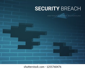 Abstract modern business background vector depicting security breach in shape of a brick wall with holes on blue background.