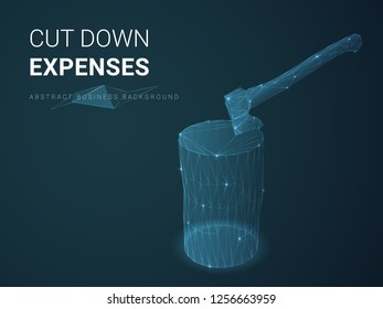Abstract modern business background vector depicting cutting down expenses with stars and lines in shape of an axe in a stump on blue background.