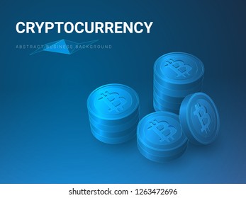 Abstract modern business background vector depicting cryptocurrency sin shape of piles of bitcoins on blue background.