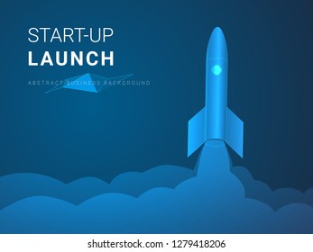 Abstract Modern Business Background Vector Depicting Startup Launch In Shape Of A Rocket Ship Taking Off On Blue Background.