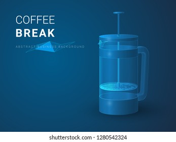 Abstract modern business background vector depicting coffee break in shape of a french press pot on blue background.