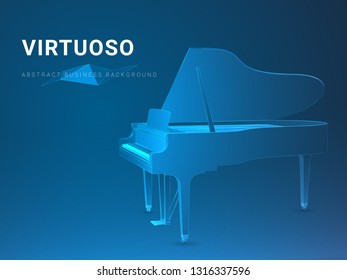 Abstract modern business background vector depicting a virtuoso in shape of an opened grand piano on blue background.