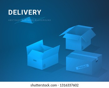 Abstract modern business background vector depicting delivery in shape of a set of paper boxes on blue background.