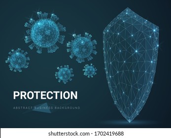 Abstract modern business background vector depicting a shield protecting from virus cells on blue background.