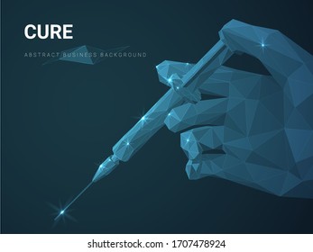 Abstract modern business background vector depicting cure concept with polygonal hand holding injection with vaccine on dark blue background