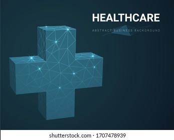 Abstract modern business background vector depicting healthcare concept with polygonal medical cross on dark blue background