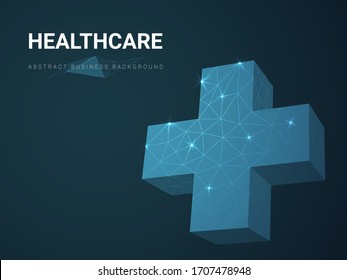 Abstract modern business background vector depicting healthcare concept with polygonal medical cross on dark blue background