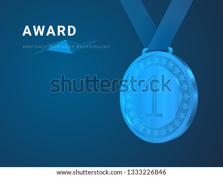 Abstract modern business background vector depicting an award in shape of a first place golden medal on blue background.
