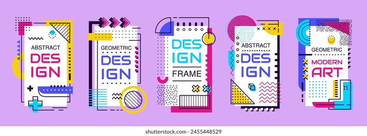 Abstract modern business Memphis posters. Vector set of cards with bold type, lively mix of geometric shapes, vibrant patterns and vivid colors for contemporary marketing and eye-catching presentation