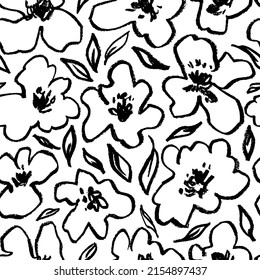 Abstract modern charcoal line flowers. Hand drawn vector botanical seamless pattern. Hand drawing childish vector elements. Sketch botanical drawing. Poppies, chamomile, peony and daisy. 