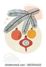 Abstract modern Christmas poster. Vector illustration of spruce branch decorated with Christmas balls in trendy flat style. Isolated on white 