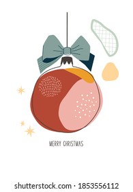Abstract modern Christmas poster. Vector illustration of red Christmas ball with blue bow in trendy flat style. Isolated on white 
