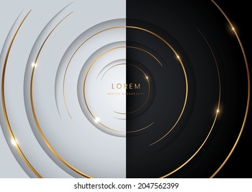 Abstract modern circles layers on black and white background with gold glowing and lighting luxury style. Vector illustration