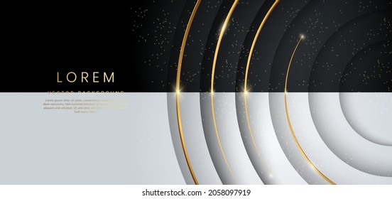 Abstract modern circles layers on black and white background with gold glowing and lighting luxury style. Vector illustration