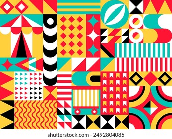 Abstract modern circus geometric pattern. Vector background of minimal shapes mosaics with retro circus top tent, flags bunting, juggling balls and rings, vintage carnival wagon and stripes pattern