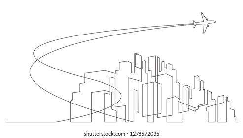 abstract modern city skyline with skyscrapers and airplane in sky - single line vector graphics on white background