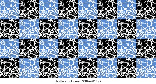 Abstract modern collage blue and black retro seamless background. Vibrant  shapes boho print. Floral seamless pattern collage vector illustration. Vector seamless pattern.