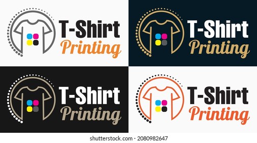 Abstract modern colored vector logo template of t-shirt printing. For typography, print, corporate identity, workshop, branding, factory, serigraphy, isolated on white  background. 4 color mode.