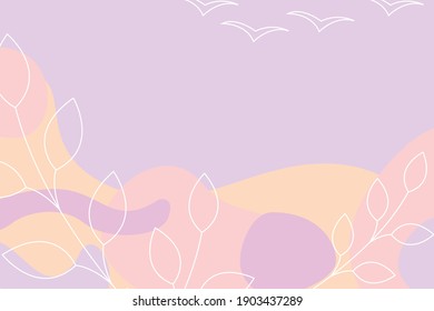 Abstract modern colorful background with shapes, leaves and birds. Spring concept. Flat vector illustration.