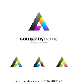 Abstract modern colorful gradient triangle letter A logo design template with three optional color combinations