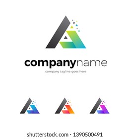 Abstract modern colorful gradient triangle, technology, pixel, letter A logo design template with three optional color combinations