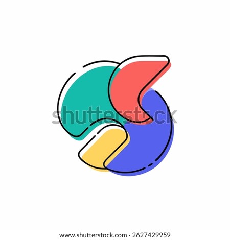 Abstract modern colorful logo with dynamic shapes, combining red, blue, green, and yellow elements into a harmonious and futuristic circular composition. Flat minimalist design, perfect for branding, 